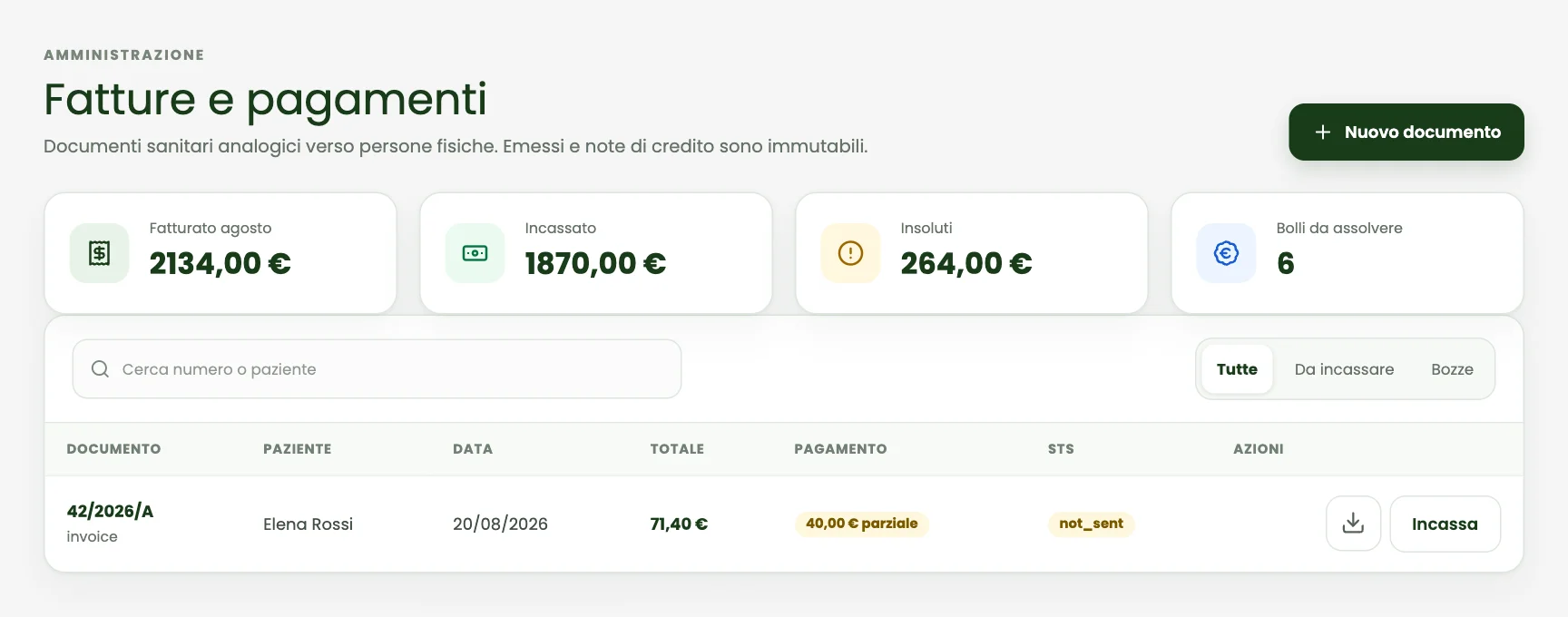 Fatture e incassi: schermata del gestionale con dati dimostrativi